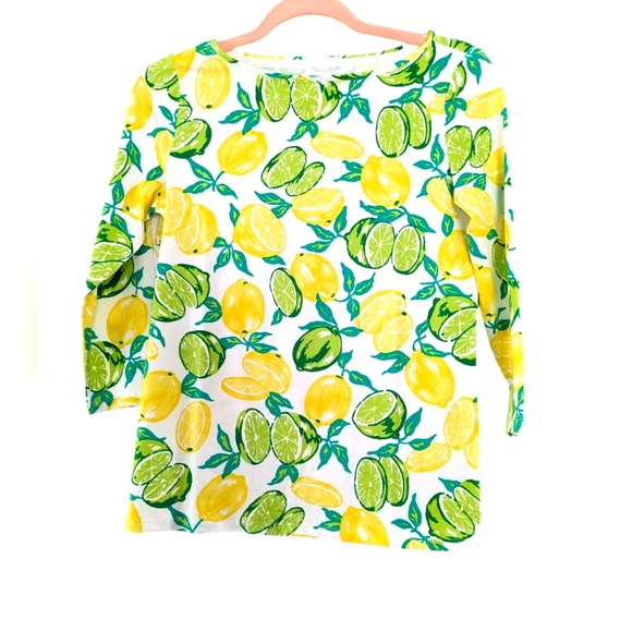 Talbots Tops - Talbots Lemon Lime Print Cotton Blend 3/4 Sleeve Boat Neck Top Size PS Summer